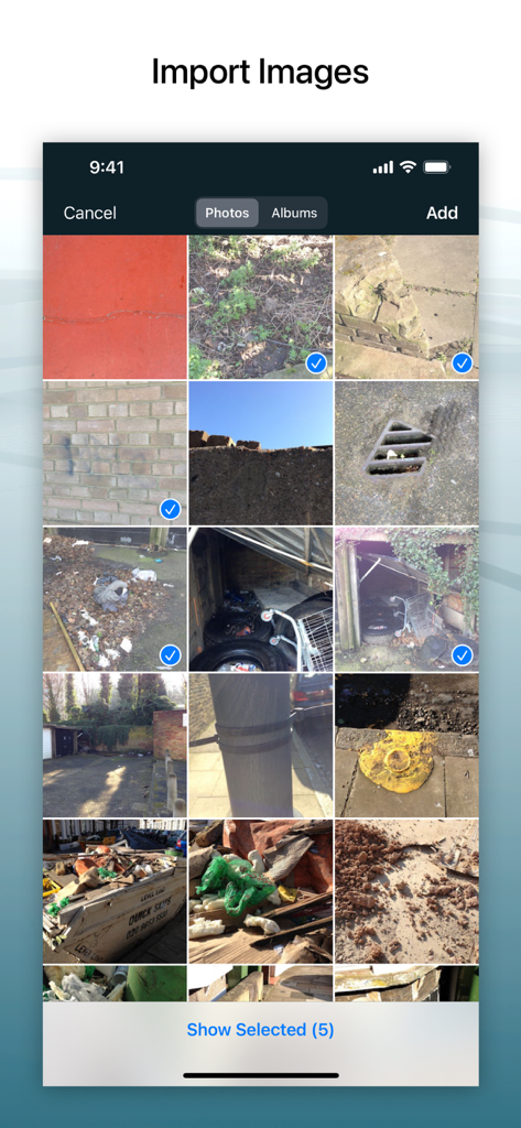 A mobile interface for Site Audit Pro showing the selection of multiple site photos from a photo gallery to be imported into an audit report.