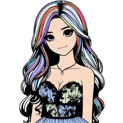 realistic girl with long hair and pretty prom dress