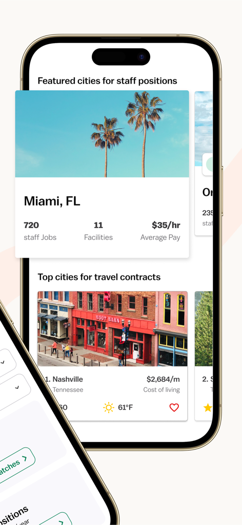 Vivian app displaying healthcare job opportunities and salary information for different US cities
