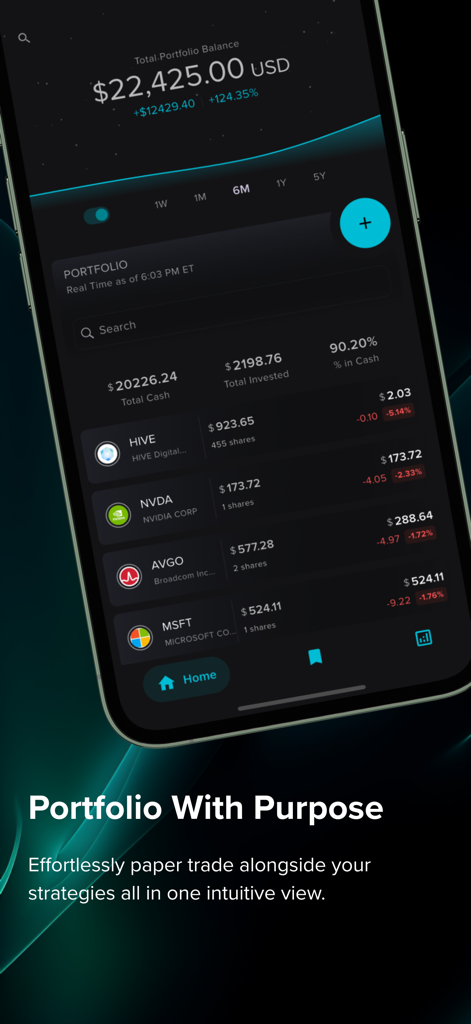 Stratify - Backtesting Wallet - Stratify mobile app portfolio dashboard showing total balance and a list of stock holdings including NVIDIA and Microsoft.
