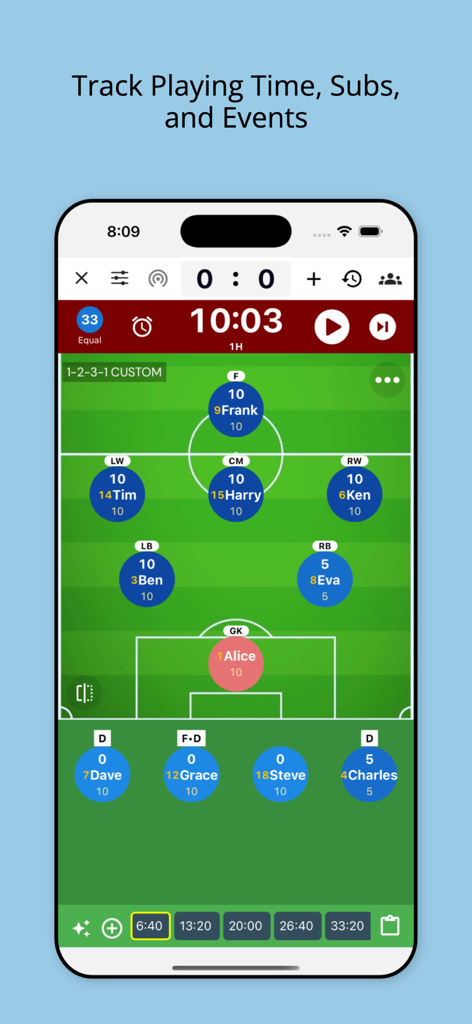 SubTime mobile app interface displaying a soccer field with player positions and game timer for tracking playtime and substitutions