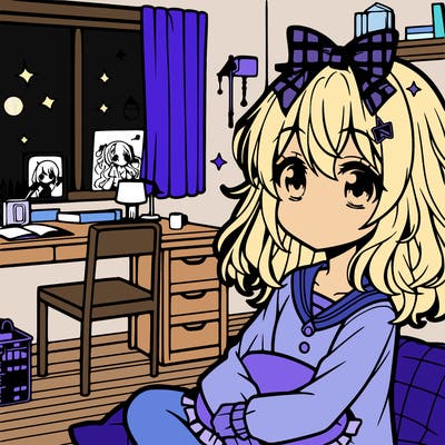 anime girl drawing in her room