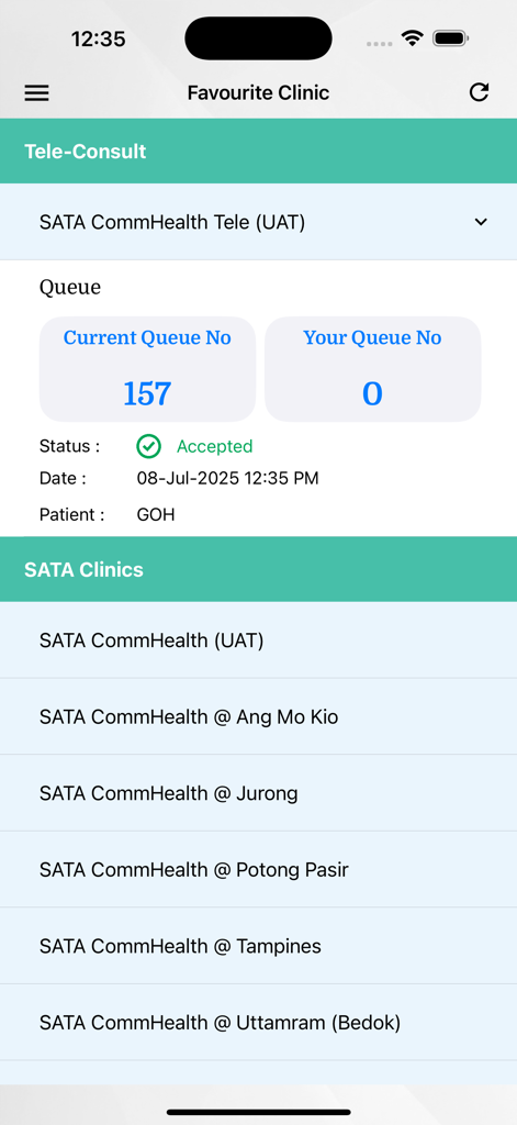 SATA Public - Interface of SATA Public app displaying clinic locations and teleconsultation queue information