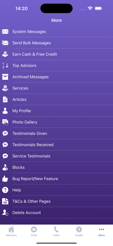 Live Psychic Chat - The More menu screen of the Live Psychic Chat app displaying account settings and user options