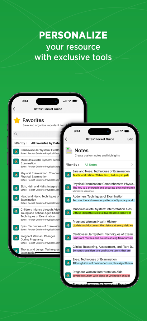 Bates' Pocket Guide - Bates' Pocket Guide app screens showing the favorites list and highlighted clinical notes.