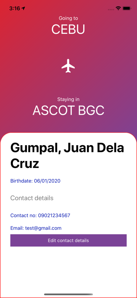 OWWA Uwian na - Pantalla de detalles de viaje y datos de contacto del usuario en la aplicación OWWA Uwian na