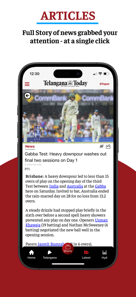 Telangana Today - Mobile screen showing a detailed cricket news article on the Telangana Today app