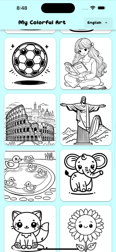 My Colorful Art - A collection of black and white drawings for coloring including animals landmarks and cute characters