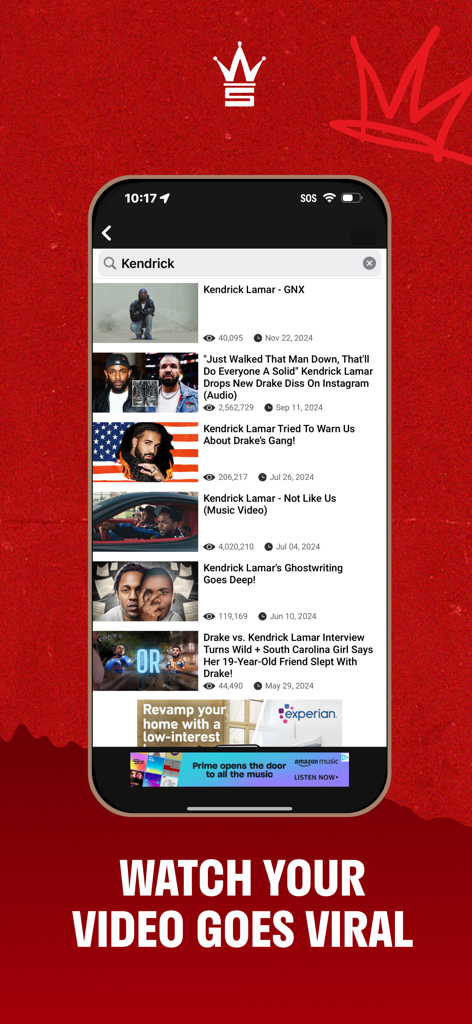 Screenshot of the Worldstar HipHop app showing a search results list for Kendrick Lamar music videos and news