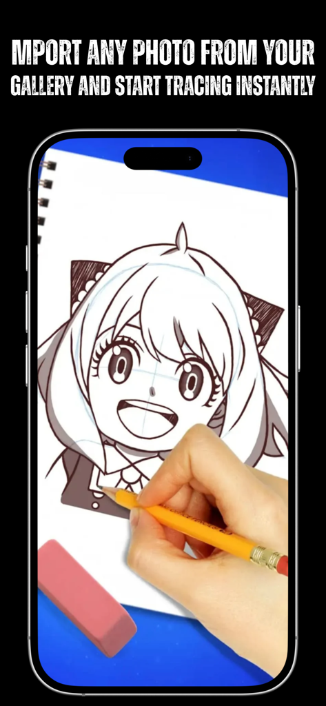 Draw Anime - AR Tracing - Una mano trazando un personaje de anime desde una pantalla de smartphone sobre un bloc de dibujo usando tecnología de RA