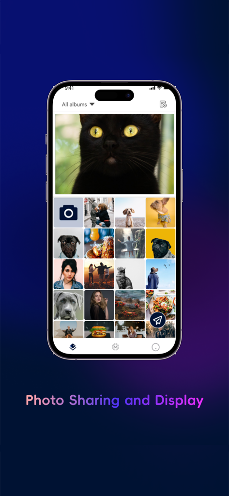 AiMOR mobile app interface showing a photo gallery with family and pet pictures and a large featured image of a black cat.