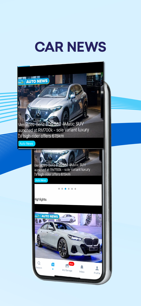 Mobile screen of the Carlist.my app displaying automotive news and car reviews
