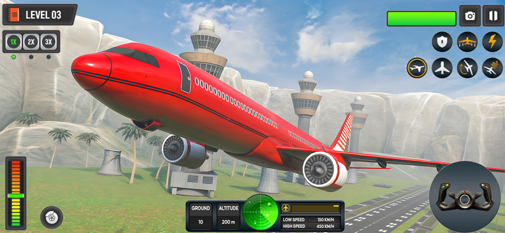 Airplane Game:Pilot Simulator - A red passenger jet flying over an airport with control towers in the Airplane Game Pilot Simulator mobile app