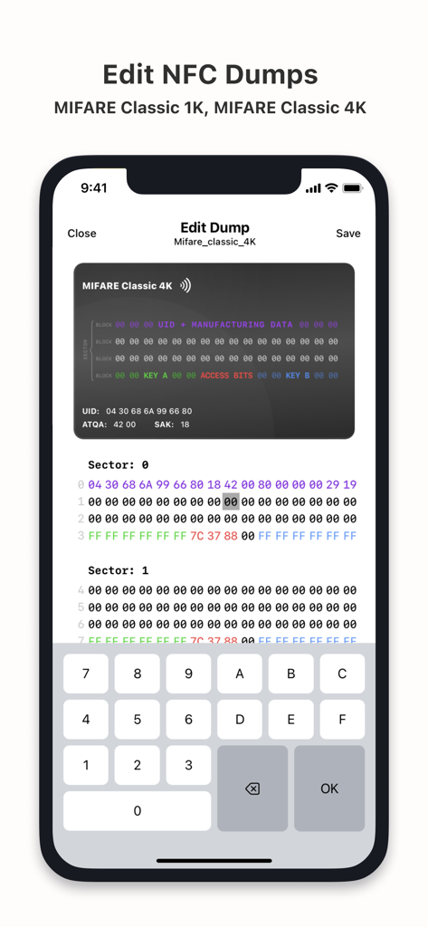 A mobile interface for editing NFC dumps showing hex data sectors and a custom hexadecimal keyboard.