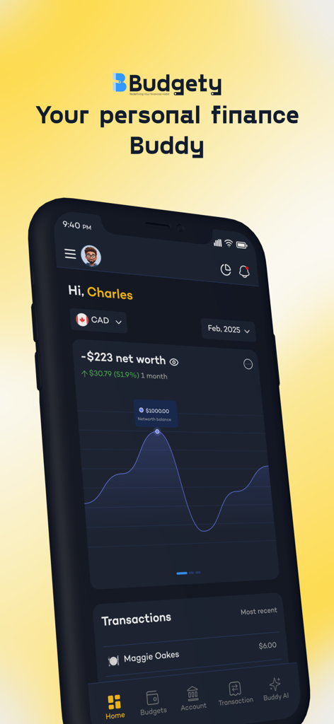 Interfaccia dell'app Budgety su un telefono cellulare che mostra un grafico a linea del patrimonio netto e transazioni recenti su un tema scuro