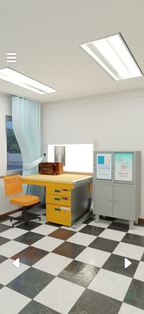 脱出ゲーム環境で、黄色い机、オレンジ色の椅子、医療キャビネットのある3Dレンダリングされた学校の部屋。