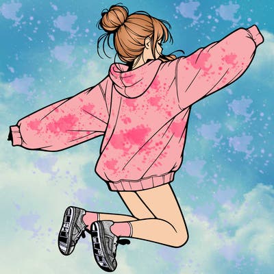 realistic girl jumping with a bun and oversized sweatshirt