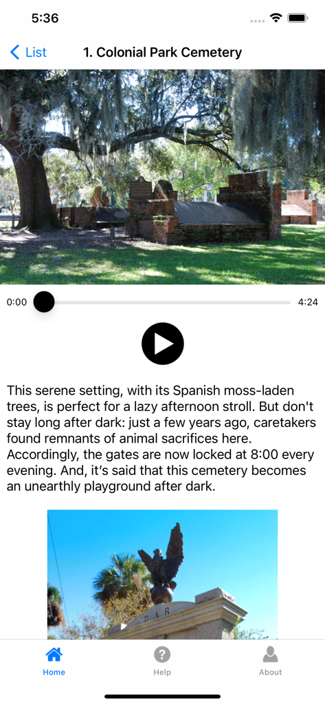Ghosts of Savannah - Interfaccia dell'app che mostra una pagina del tour audio per il Colonial Park Cemetery a Savannah con una foto storica e testo narrativo.