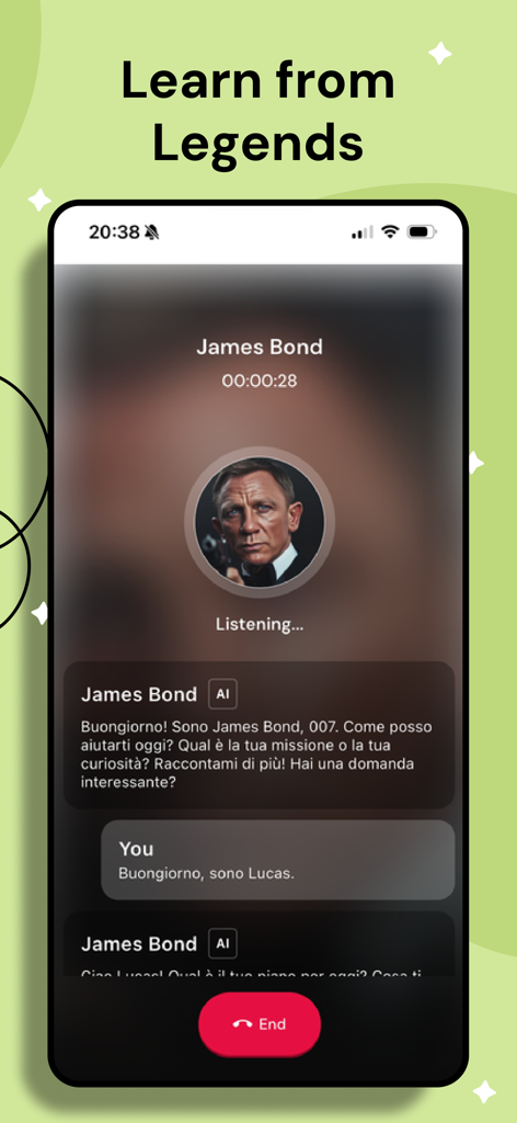 MakesYouFluent app screen showing an AI voice conversation with James Bond for language practice