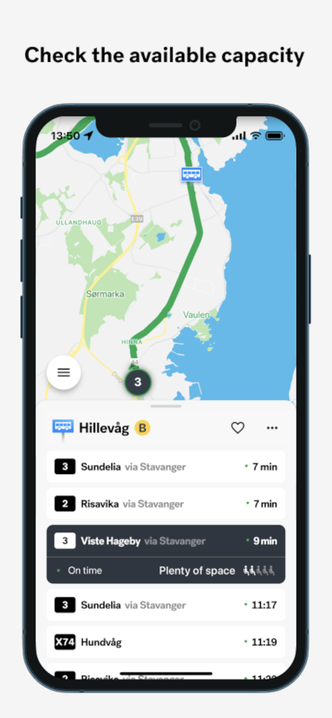 Kolumbus - L'interfaccia dell'app Kolumbus che mostra una mappa in tempo reale e i livelli di occupazione degli autobus per i pendolari.