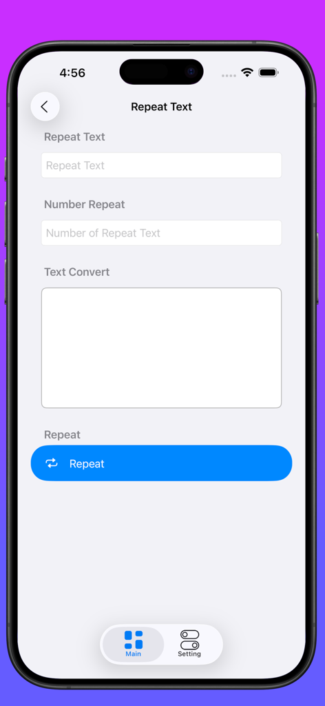 Oberfläche des Text-Wiederholungstools innerhalb der Dual Messenger App, die Optionen für die Texteingabe und die Anzahl der Wiederholungen anzeigt.