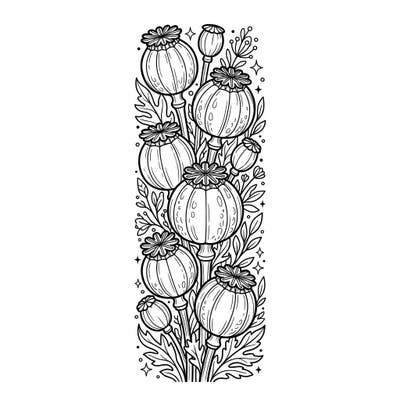 Discover a stunning poppy seed pods bookmark coloring page, rich with botanical details. This intricate design offers a calming and creative coloring experience, perfect for nature enthusiasts.