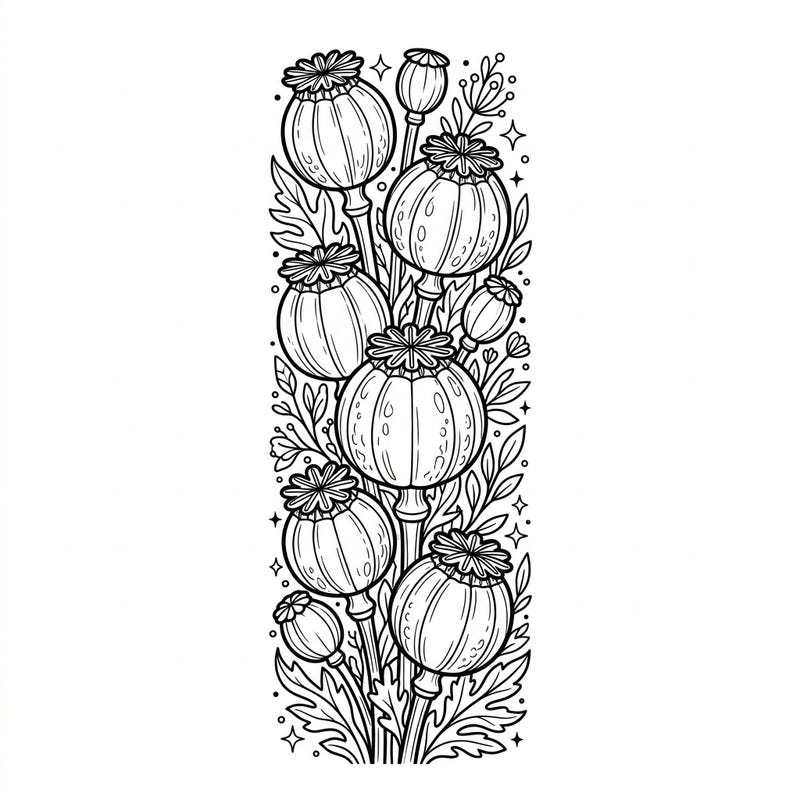 Discover a stunning poppy seed pods bookmark coloring page, rich with botanical details. This intricate design offers a calming and creative coloring experience, perfect for nature enthusiasts.
