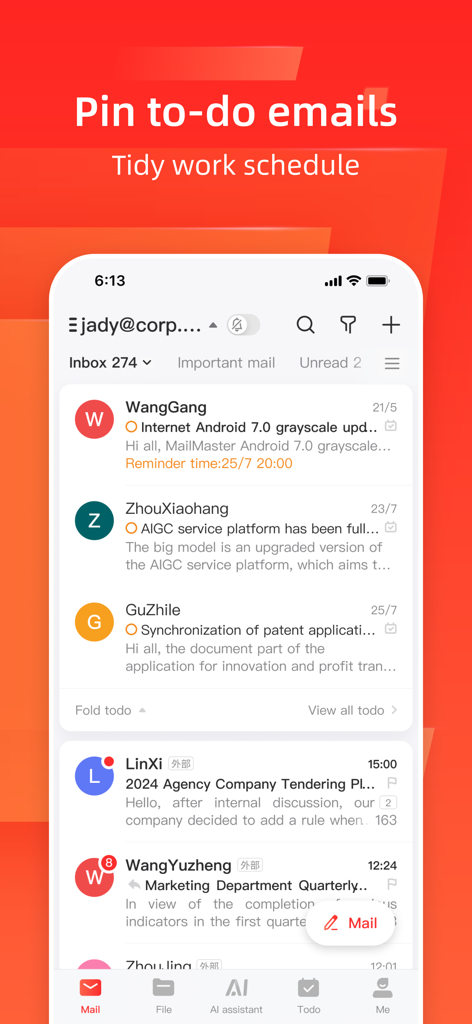 Screenshot of Mail Master app showing the pin to-do emails feature for a tidy work schedule