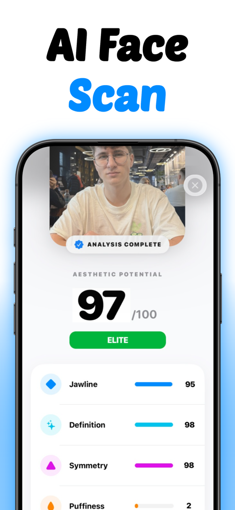 Pantalla de resultados de escaneo facial por IA de la aplicación Debloat que muestra puntuaciones y métricas de estética facial