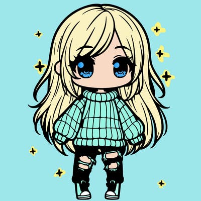 chibi girl with ripped jeans,long hair, and an oversized sweater