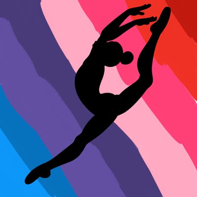gymnast doing a leap in a leotard with a bent back leg