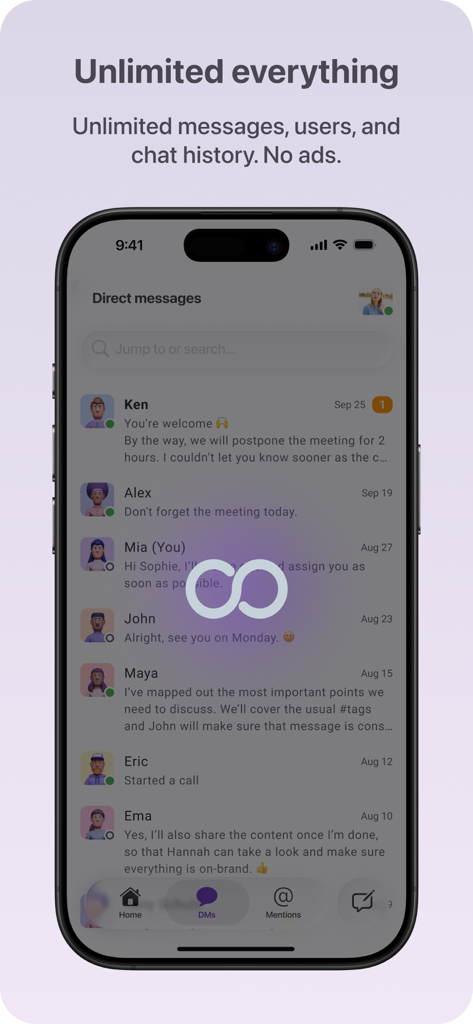 Aplicativo móvel Pumble mostrando mensagens diretas e histórico ilimitado