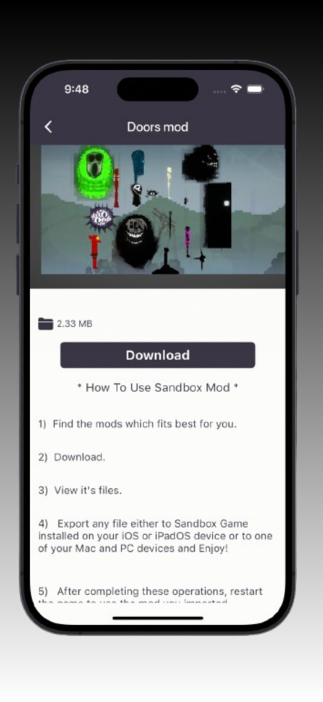 Melon Mods : Addons,Guns,Skins - Screenshot showing the Doors horror mod download page and installation guide in the Melon Mods app.