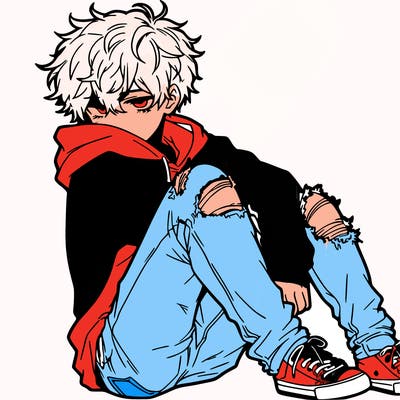 a male hoddie ripped jeans messy hair anime