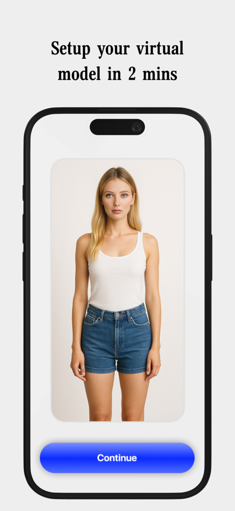 Retrodrip: Try-on screenshots - Retrodrip app screen showing the setup for a virtual fashion model with a female user photo