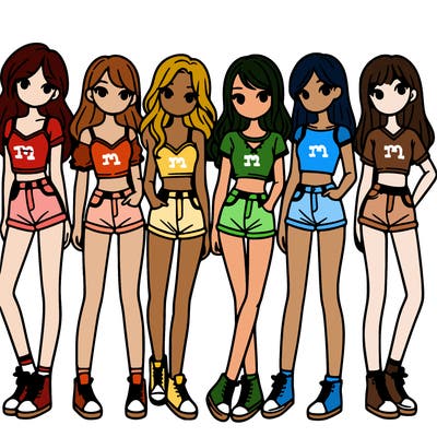 a group of girls wearing crop tops and shorts