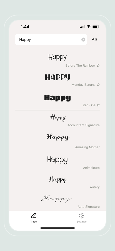 Flowly app screen displaying a variety of artistic and calligraphy font styles for tracing.