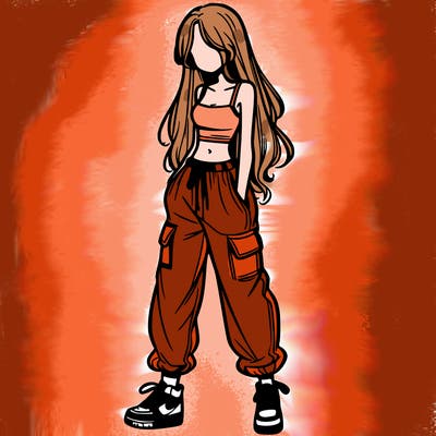 girl in baggy pants crop top and long hair