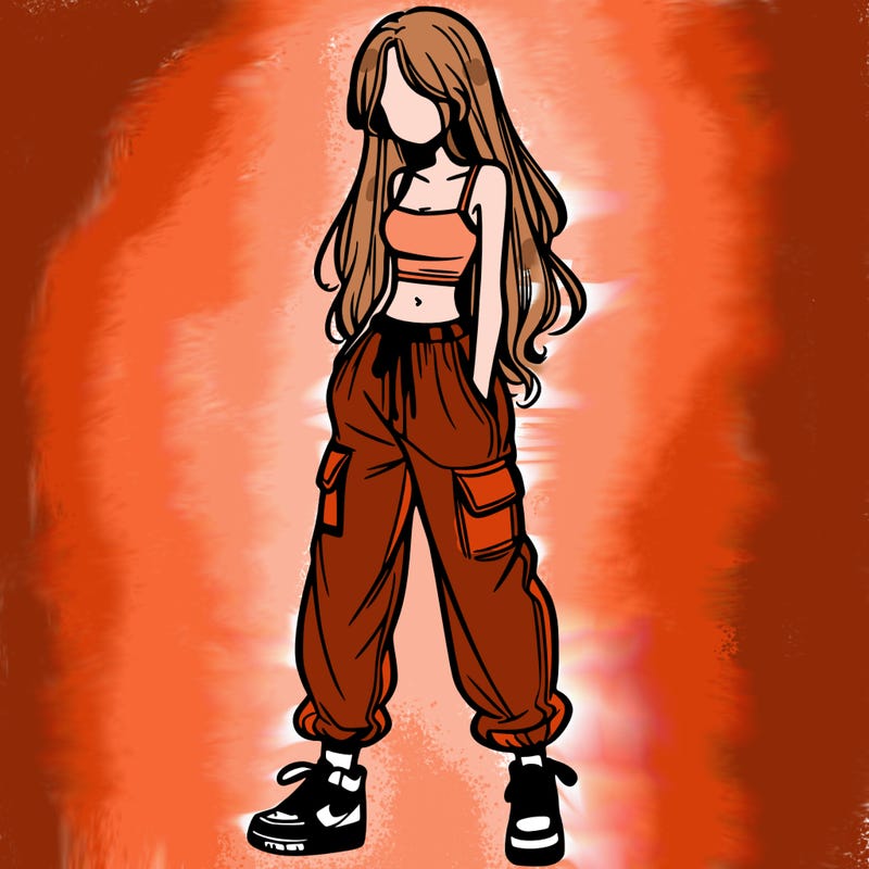 girl in baggy pants crop top and long hair
