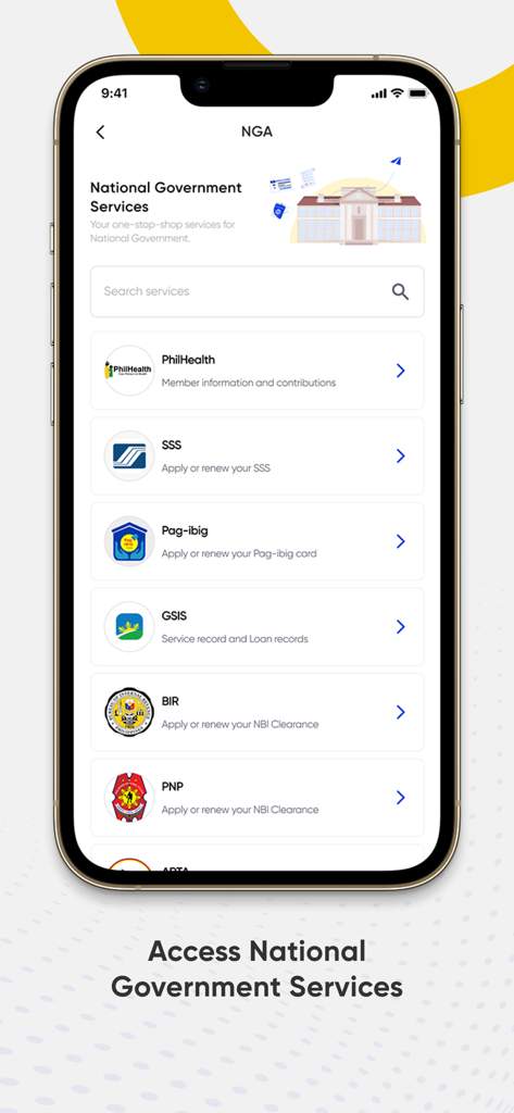 Smartphone-Bildschirm, der die Schnittstelle der eGovPH-App mit einer Liste nationaler philippinischer Regierungsdienste wie PhilHealth, SSS und GSIS anzeigt.