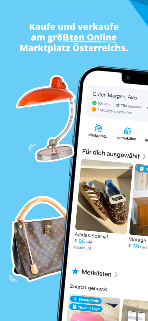 Smartphone screen showing the willhaben marketplace app with product listings and categories for buying and selling