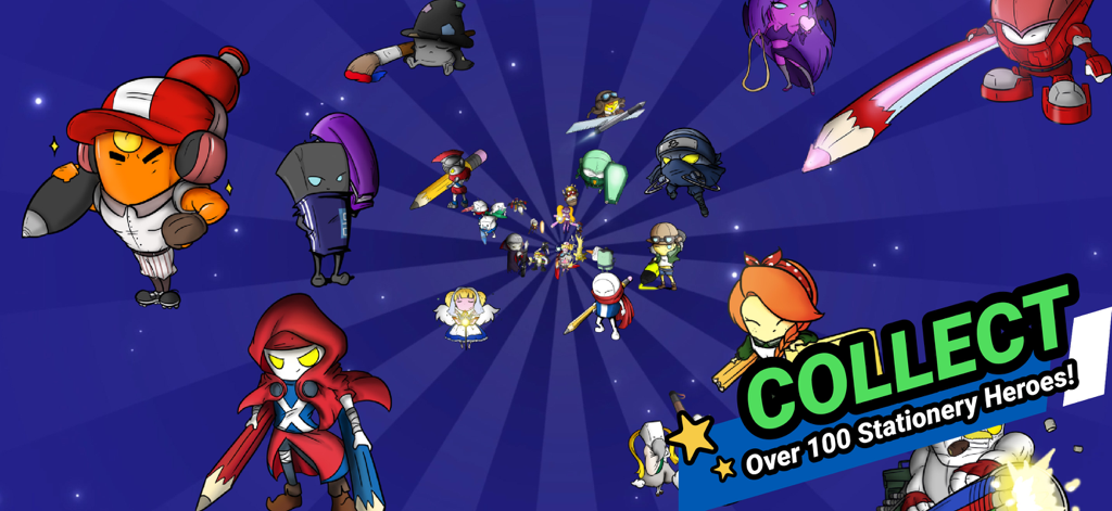 A group of diverse stationery characters in a blue radial background with the text Collect Over 100 Stationery Heroes