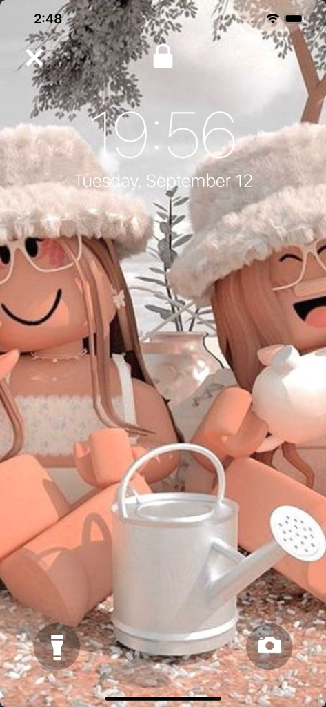 Roblox Live Wallpapers & Skins - Two Roblox characters in preppy outfits and fuzzy hats on a phone lock screen