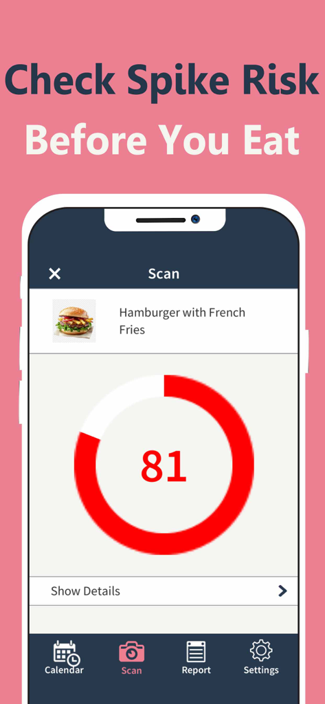 Blood Sugar Tracker & Log (AI) - Función de escaneo de comidas por IA que muestra la puntuación de riesgo de pico de azúcar en sangre para una hamburguesa y patatas fritas