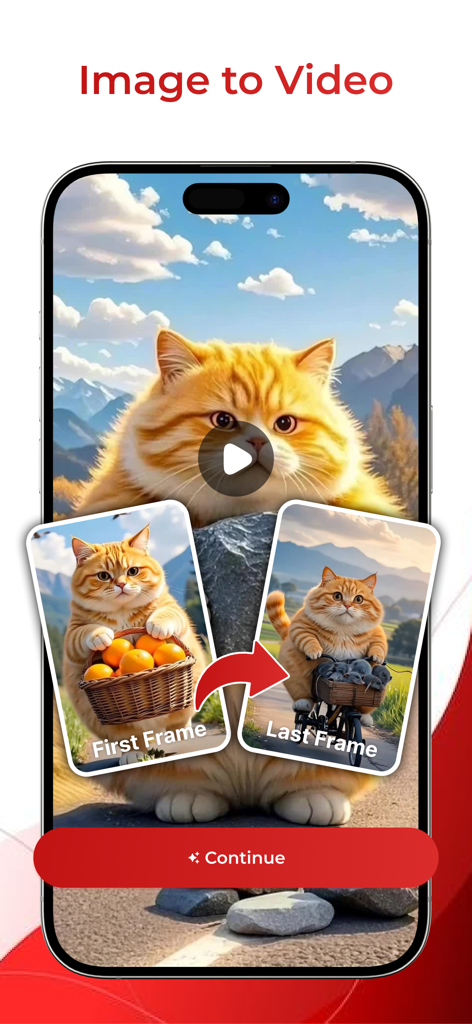 AI Video Generator : AI Videos - Interfaz de una aplicación generadora de vídeo IA que muestra la función Imagen a Vídeo con un personaje de gato