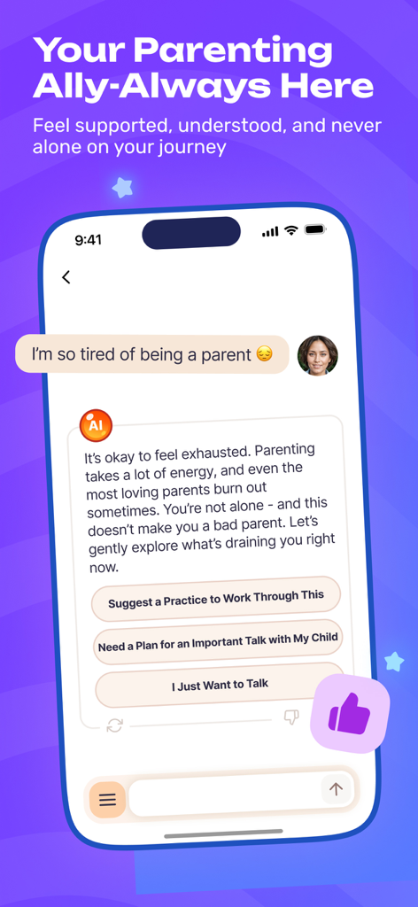Smartphone screen showing the DragonFamily app AI assistant providing emotional support and task suggestions to an exhausted parent.