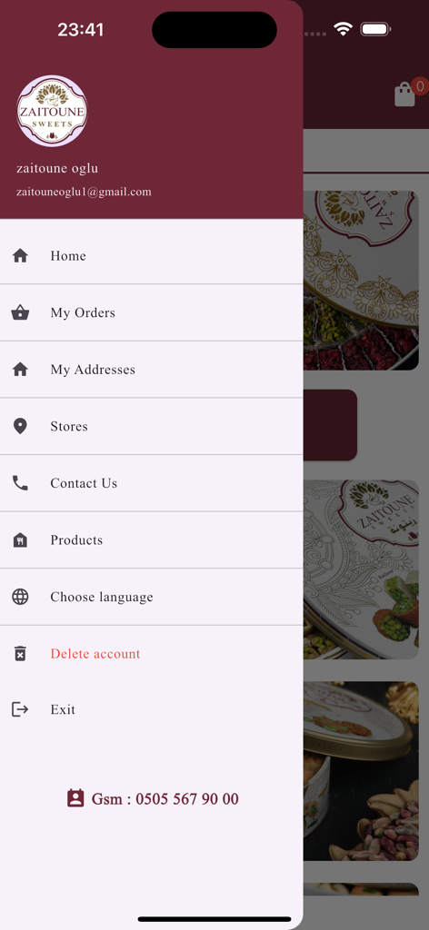 Zaitoune - Sidebar navigation menu of the Zaitoune Sweets mobile app with user profile and menu categories