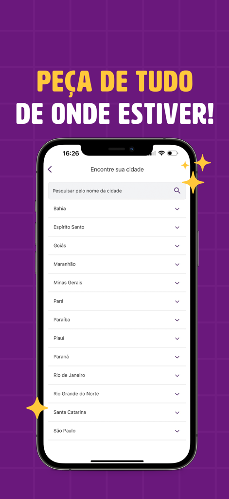 QFome App - Delivery de Comida - QFome app interface showing a list of Brazilian states for city selection on a smartphone screen.