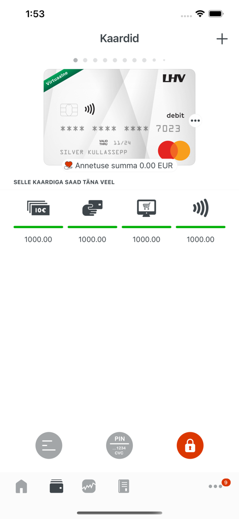 Interface do aplicativo LHV de mobile banking exibindo um cartão de débito virtual com opções para gerenciar limites de transação e bloquear o cartão