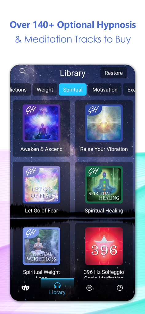 Bibliothek von Hypnose- und Meditations-Tracks in der Relax And Sleep Well App